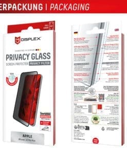 <p><strong>Displex Privacy Panzerglas</strong> – Blickschutz dank integriertem Privacy-Filter, 10H-Härte und Full Cover Design für maximalen Schutz. Hüllenfreundlich, Anti-Fingerprint-Beschichtung und blasenfreie Montage mit EASY-ON® Rahmen.</p>