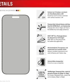 <p><strong>Displex Privacy Panzerglas</strong> – Blickschutz dank integriertem Privacy-Filter, 10H-Härte und Full Cover Design für maximalen Schutz. Hüllenfreundlich, Anti-Fingerprint-Beschichtung und blasenfreie Montage mit EASY-ON® Rahmen.</p>