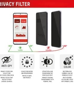 <p><strong>Displex Privacy Panzerglas</strong> – Blickschutz dank integriertem Privacy-Filter, 10H-Härte und Full Cover Design für maximalen Schutz. Hüllenfreundlich, Anti-Fingerprint-Beschichtung und blasenfreie Montage mit EASY-ON® Rahmen.</p>
