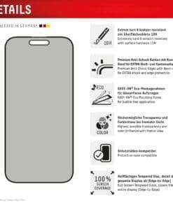 <p><strong>Displex Privacy Panzerglas</strong> – Blickschutz dank integriertem Privacy-Filter, 10H-Härte und Full Cover Design für maximalen Schutz. Hüllenfreundlich, Anti-Fingerprint-Beschichtung und blasenfreie Montage mit EASY-ON® Rahmen.</p>