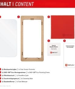 <p><strong>Displex Panzerglas</strong> – mehrfacher Testsieger mit 10H-Härte, Splitterschutz und Anti-Fingerprint-Beschichtung. Perfekte Passform, hüllenfreundlich und blasenfreie Montage dank EASY-ON® Eco-Rahmen. Lieferung inkl. Reinigungstools.</p>