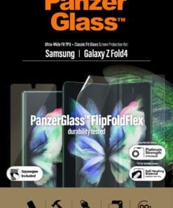 Schützen Sie Ihr Samsung Galaxy Z Fold4 mit PanzerGlass™. PanzerGlass™ für Samsung Galaxy Z Fold4 schützt die gesamte Bildschirmoberfläche vor Kratzern. Der Displayschutz besteht aus ultradünnem und flexiblem TPU-Material und ist auf Haltbarkeit geprüft, sodass Sie das Smartphone problemlos immer und immer wieder aus- und zuklappen können. PanzerGlass™ gewährleistet die volle Funktionalität Ihres Samsung-Handys mit 100% Touch-Funktionalität und das ausgewählte Material sorgt für eine vollkommen glatte Oberfläche auf dem Bildschirm. PanzerGlass™ haftet mit Hilfe von Silikon, was zu einer einfachen und schnellen Anbringung beiträgt.