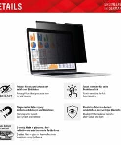 <p><strong>DISPLEX Privacy Safe Blickschutzfilter</strong> – 2-Wege Sichtschutz (+/-30°) mit magnetischer Befestigung, Dual Surface Technology (matt/glänzend) und Bluelight-Filter. Kratzfest, abwaschbar und uneingeschränkte Touch-Funktionalität. Inklusive Filz-Schutzhülle.</p>