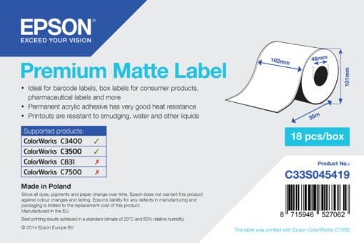 Epson Etikettenrolle 102mm 35  Meter weiss premium matt