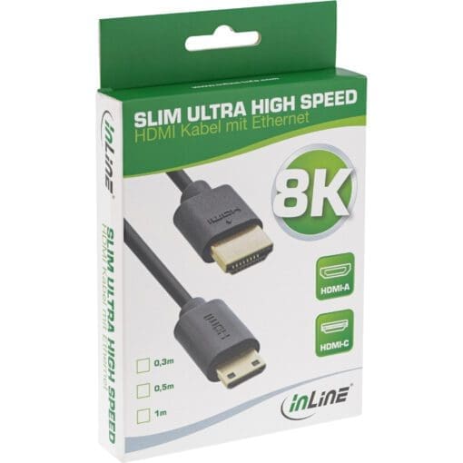 InLine® Slim Ultra High Speed HDMI Kabel, 8K4K, A Stecker / C Stecker (Mini), schwarz / gold, 0,3m – Bild 3