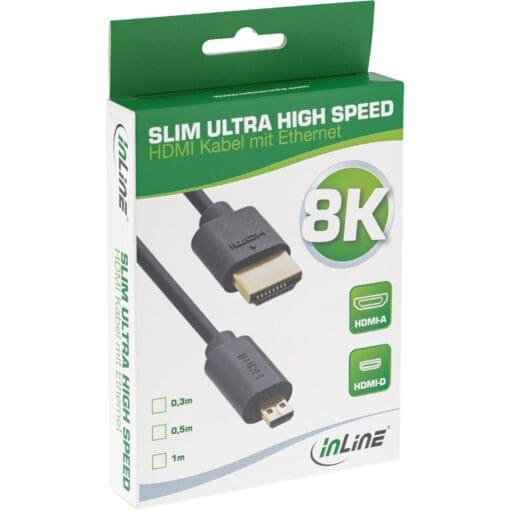 InLine® Slim Ultra High Speed HDMI Kabel, 8K4K, A Stecker / D Stecker (Micro), schwarz / gold, 0,3m – Bild 3