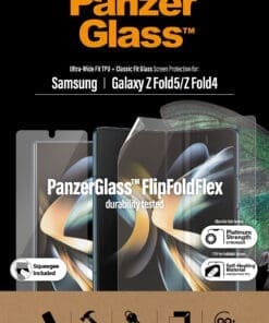 Schützen Sie Ihr Samsung Galaxy Z Fold4 mit PanzerGlass™. PanzerGlass™ für Samsung Galaxy Z Fold4 schützt die gesamte Bildschirmoberfläche vor Kratzern. Der Displayschutz besteht aus ultradünnem und flexiblem TPU-Material und ist auf Haltbarkeit geprüft, sodass Sie das Smartphone problemlos immer und immer wieder aus- und zuklappen können. PanzerGlass™ gewährleistet die volle Funktionalität Ihres Samsung-Handys mit 100% Touch-Funktionalität und das ausgewählte Material sorgt für eine vollkommen glatte Oberfläche auf dem Bildschirm. PanzerGlass™ haftet mit Hilfe von Silikon, was zu einer einfachen und schnellen Anbringung beiträgt.