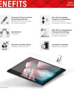 Das <strong>DISPLEX Tablet Glass</strong> kombiniert konventionelles Panzerglas mit innovativer, unzerbrechlicher Premium-PET-Schutzfolie. Mit einer Härte von 9H schützt es zuverlässig vor Kratzern und Schäden, ist ultra-dünn (0,3mm), flexibel und unzerbrechlich. Made in Germany, bietet es uneingeschränkte Funktionalität, Farbbrillanz und Hüllenkompatibilität. Dank EASY-ON® Eco-Montagerahmen ist die Montage blasenfrei und umweltfreundlich.