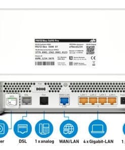 Die Premium-FRITZ!Box für Glasfaser und DSL mit Wi-Fi 7 und ZigbeeDie FRITZ!Box 5690 Pro setzt neue Maßstäbe. Das Premium-Modell bietet die Möglichkeit direkt mit dem Glasfaseranschluss (GPON und AON) verbunden zu werden und unterstützt auch DSL-Anschlüsse. Mit Wi-Fi 7 einschließlich des neuen 6 GHz-Bands überzeugt sie durch verbesserte Latenz, Geschwindigkeit und Durchsatz und bietet damit Höchstleistungen im Heimnetz. Die Integration des Zigbee-Funkstandards ermöglicht die Nutzung vieler smarter Anwendungen im Bereich Energieeffizienz, Heizen und Licht. Gigabit-LAN-Anschlüsse, 2,5G LAN Port, komfortable Telefonie, VPN, WLAN-Gastzugang, Firewall und USB 3.1 für Speichermedien runden die Ausstattung ab. Die FRITZ!Box 5690 Pro stellt das nächste Level für anspruchsvolle Breitbandanwendungen dar und ist bereit für Echtzeitanwendungen wie Virtual Reality, Cloud Computing und Gaming.Glasfaser und DSL in einer FRITZ!Box - flexibel am AnschlussDer Wechsel von DSL zu Glasfaser steht bevor. Die FRITZ!Box 5690 Pro bietet volle Flexibilität für diesen Technologiewechsel und läuft direkt am Glasfaser- oder DSL-Anschluss. Das neue Spitzen-Modell eignet sich für die gängigen Glasfaseranschlüsse: für die Standards GPON und AON befinden sich zwei SFP-Module im Lieferumfang, sowie über den 2,5-GBit/s-WAN-Port für den Einsatz an einem Glasfasermodem (ONT). Alternativ kann die FRITZ!Box 5690 Pro an allen DSL-Anschlüssen inklusive Supervectoring für Geschwindigkeiten von bis zu 300 MBit/s eingesetzt werden.Die neue WLAN-Generation Wi-Fi 7 – das Multi-Gigabit-WLANDie FRITZ!Box 5690 Pro bringt Wi-Fi 7 mit Multi-Gigabit-Geschwindigkeit an den Glasfaser- oder an den DSL-Anschluss. Das 6-GHz-Band stellt mit bis zu 320 MHz breiten Kanäle einen sehr hohen Datendurchsatz im WLAN zur Verfügung. Diese Kombination aus geringer Latenz und hohem Durchsatz ermöglicht leistungsstarke drahtlose Kommunikation auch für zukünftige Echtzeitanwendungen. Aktuelle Anwendungen profitieren ebenfalls von schne