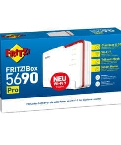 Die Premium-FRITZ!Box für Glasfaser und DSL mit Wi-Fi 7 und ZigbeeDie FRITZ!Box 5690 Pro setzt neue Maßstäbe. Das Premium-Modell bietet die Möglichkeit direkt mit dem Glasfaseranschluss (GPON und AON) verbunden zu werden und unterstützt auch DSL-Anschlüsse. Mit Wi-Fi 7 einschließlich des neuen 6 GHz-Bands überzeugt sie durch verbesserte Latenz, Geschwindigkeit und Durchsatz und bietet damit Höchstleistungen im Heimnetz. Die Integration des Zigbee-Funkstandards ermöglicht die Nutzung vieler smarter Anwendungen im Bereich Energieeffizienz, Heizen und Licht. Gigabit-LAN-Anschlüsse, 2,5G LAN Port, komfortable Telefonie, VPN, WLAN-Gastzugang, Firewall und USB 3.1 für Speichermedien runden die Ausstattung ab. Die FRITZ!Box 5690 Pro stellt das nächste Level für anspruchsvolle Breitbandanwendungen dar und ist bereit für Echtzeitanwendungen wie Virtual Reality, Cloud Computing und Gaming.Glasfaser und DSL in einer FRITZ!Box - flexibel am AnschlussDer Wechsel von DSL zu Glasfaser steht bevor. Die FRITZ!Box 5690 Pro bietet volle Flexibilität für diesen Technologiewechsel und läuft direkt am Glasfaser- oder DSL-Anschluss. Das neue Spitzen-Modell eignet sich für die gängigen Glasfaseranschlüsse: für die Standards GPON und AON befinden sich zwei SFP-Module im Lieferumfang, sowie über den 2,5-GBit/s-WAN-Port für den Einsatz an einem Glasfasermodem (ONT). Alternativ kann die FRITZ!Box 5690 Pro an allen DSL-Anschlüssen inklusive Supervectoring für Geschwindigkeiten von bis zu 300 MBit/s eingesetzt werden.Die neue WLAN-Generation Wi-Fi 7 – das Multi-Gigabit-WLANDie FRITZ!Box 5690 Pro bringt Wi-Fi 7 mit Multi-Gigabit-Geschwindigkeit an den Glasfaser- oder an den DSL-Anschluss. Das 6-GHz-Band stellt mit bis zu 320 MHz breiten Kanäle einen sehr hohen Datendurchsatz im WLAN zur Verfügung. Diese Kombination aus geringer Latenz und hohem Durchsatz ermöglicht leistungsstarke drahtlose Kommunikation auch für zukünftige Echtzeitanwendungen. Aktuelle Anwendungen profitieren ebenfalls von schne