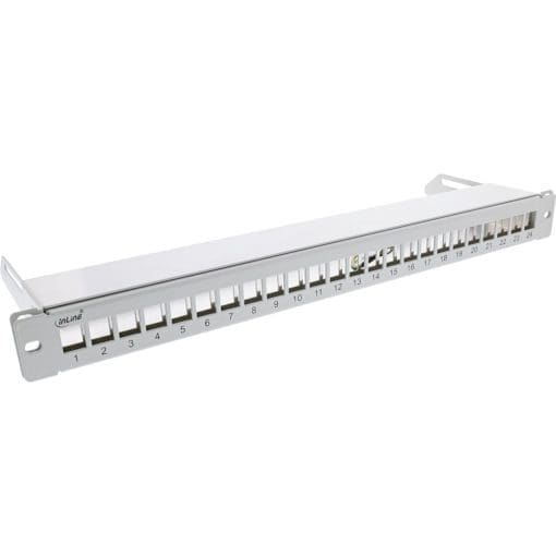 InLine® Patchfeld 24-fach, Keystone Leerblech Patchpanel mit Auszug, 19", 1HE, lichtgrau RAL7035