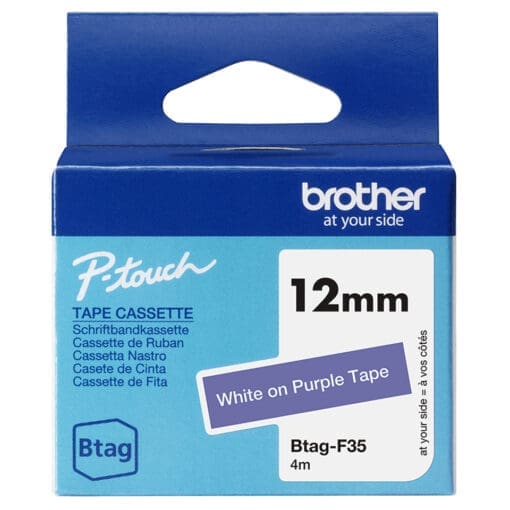 Brother Schriftband BTAG-F35 Weiß auf Lila 12 mm x 4 m